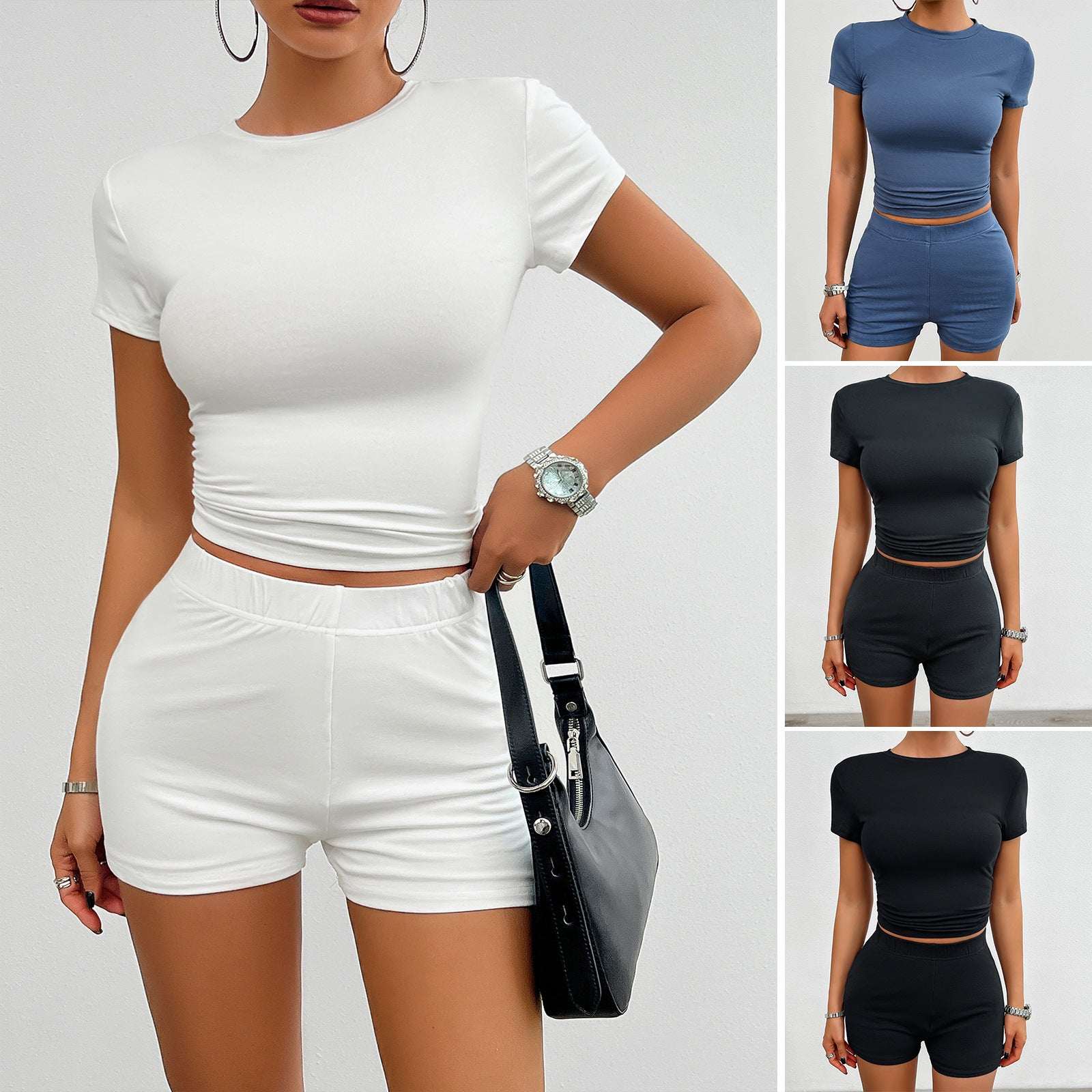 White women's sports set with short-sleeve cropped top and high-waist shorts