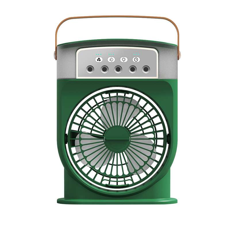 Green portable cooling fan with white trim, front grille, and top control panel; handle.