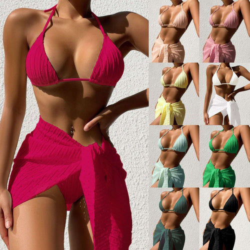 Halterneck bikini set with mesh skirt, bright magenta triangle top and draped sheer skirt