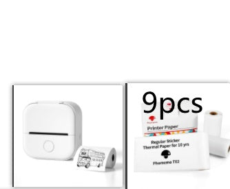 Portable mini thermal label printer with label roll and 9-pack printer paper box