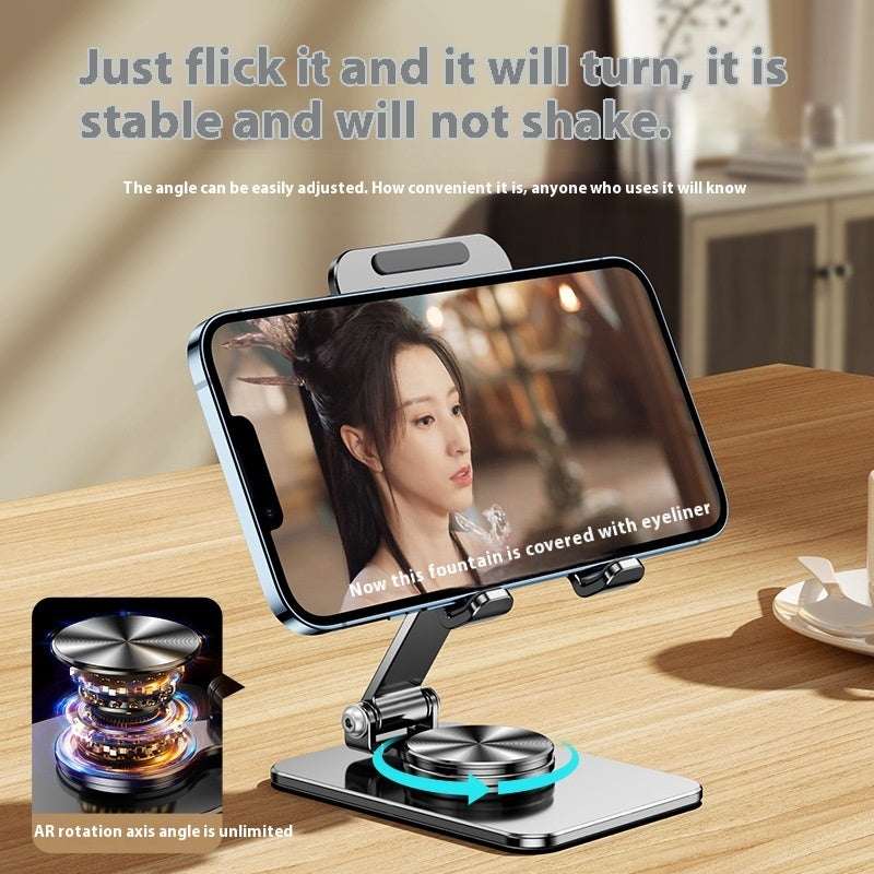 Black desktop rotatable tablet stand with metal base and phone cradle