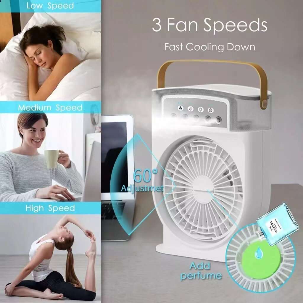 Portable USB air conditioner cooling fan showing 3 fan speeds, front grille and mist spray