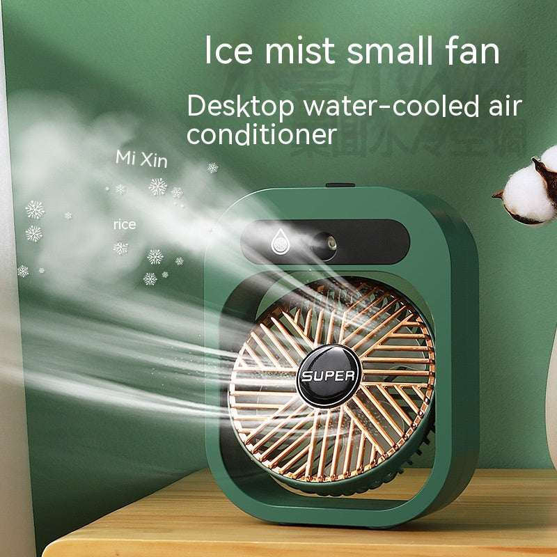 Portable misting air cooler fan, green body with visible cooling mist stream