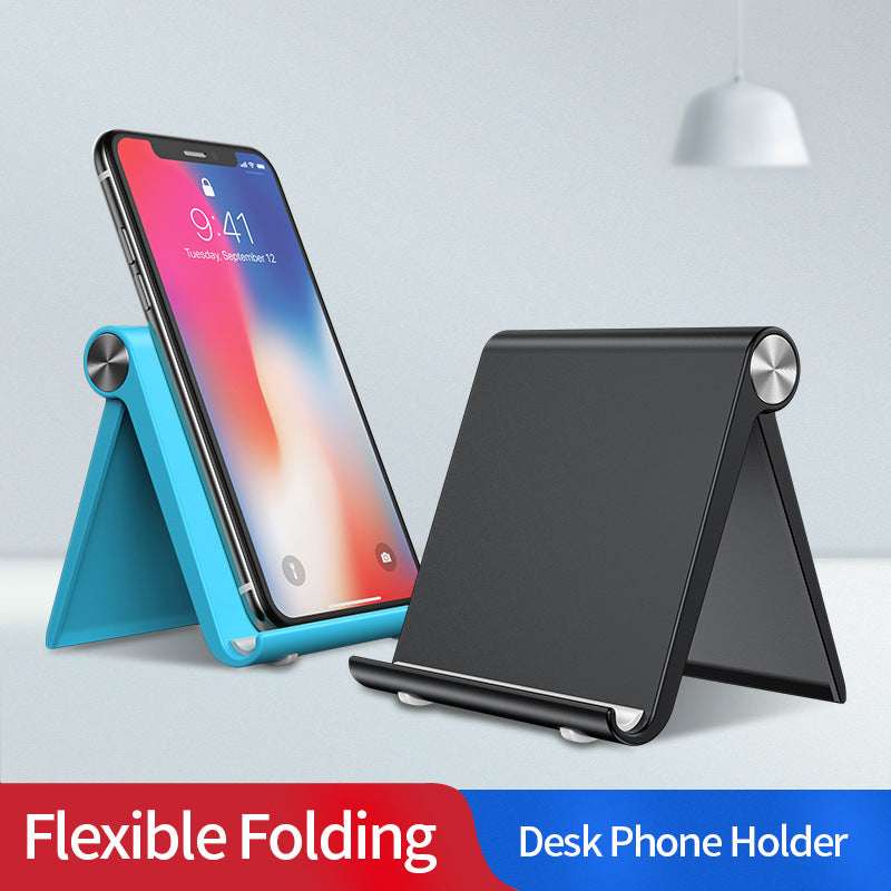 Folding desk phone stand in dark gray/black with adjustable angle supports phone