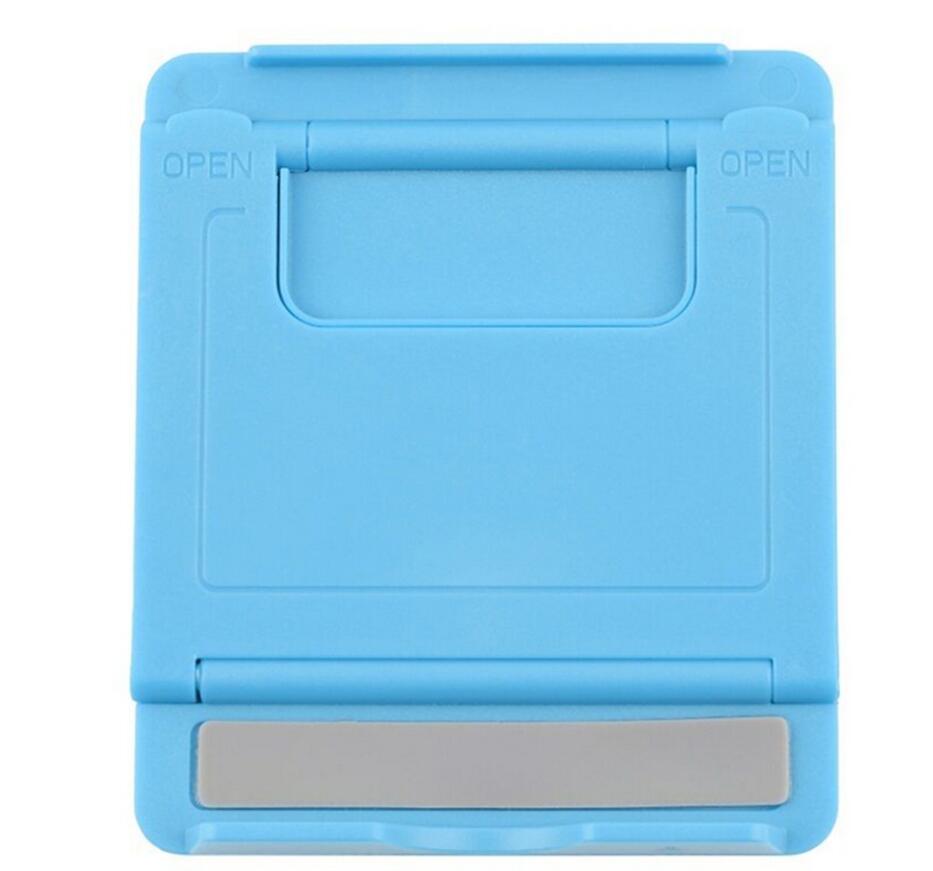 Foldable plastic tablet stand in blue with open cradle and support base
