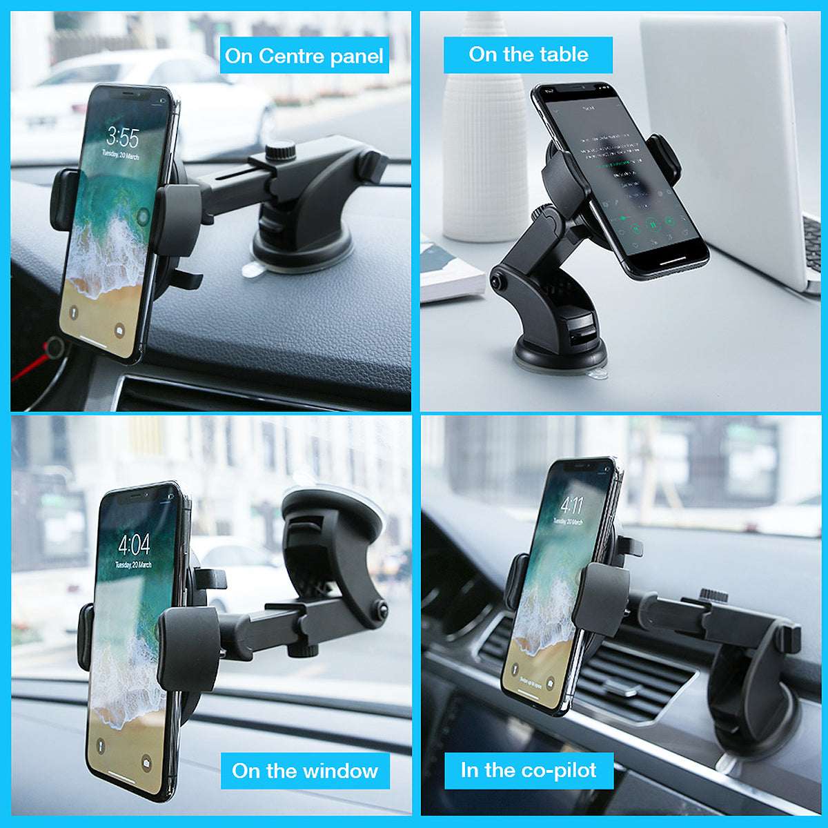 Black car phone holder mount with clamp arms holding a smartphone on dashboard