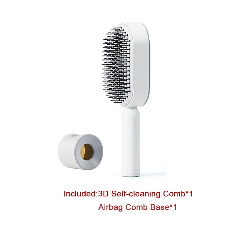 Self-cleaning hair brush with black bristles on white handle and white cleaning base
