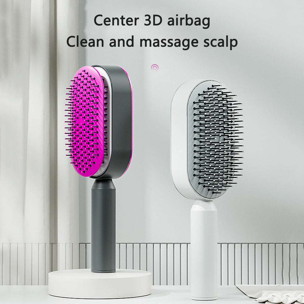 Self-cleaning hair brush with purple pin pad and dark handle on white stand