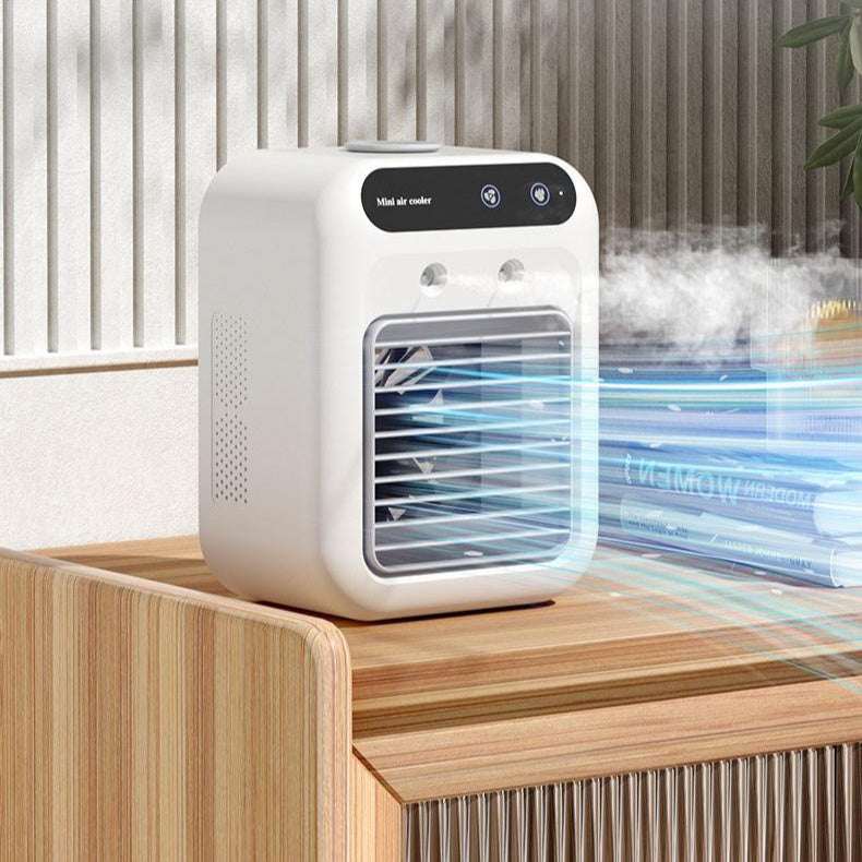 Ivory portable air cooler fan with front grille and top control panel, mist airflow