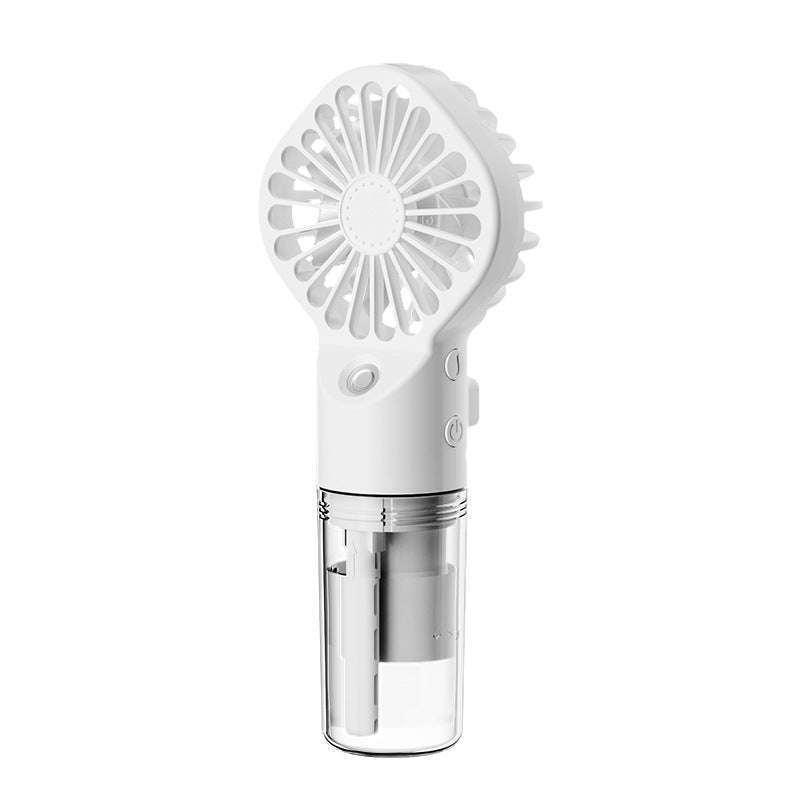 White handheld mist humidifier fan with circular top grille and clear water tank