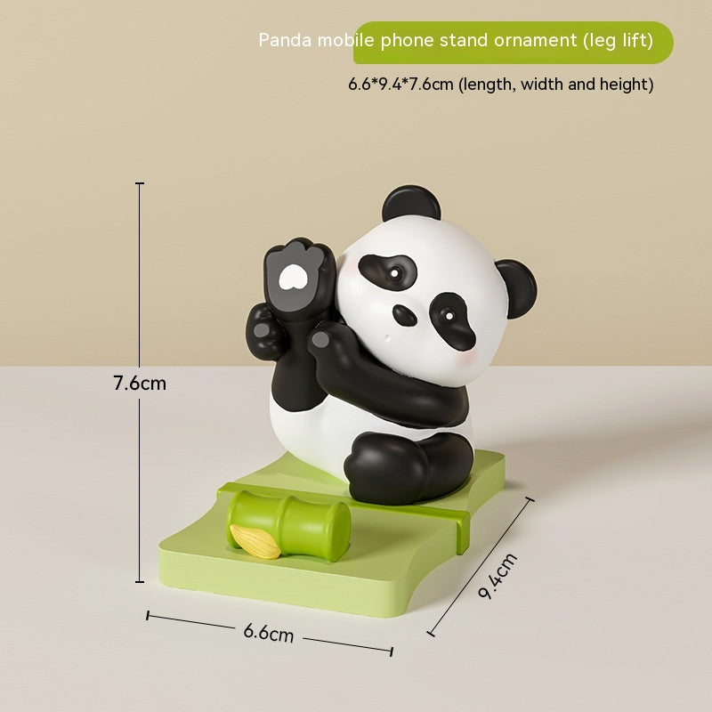 Panda phone holder ornament with bamboo stem detail, black-and-white panda on green base