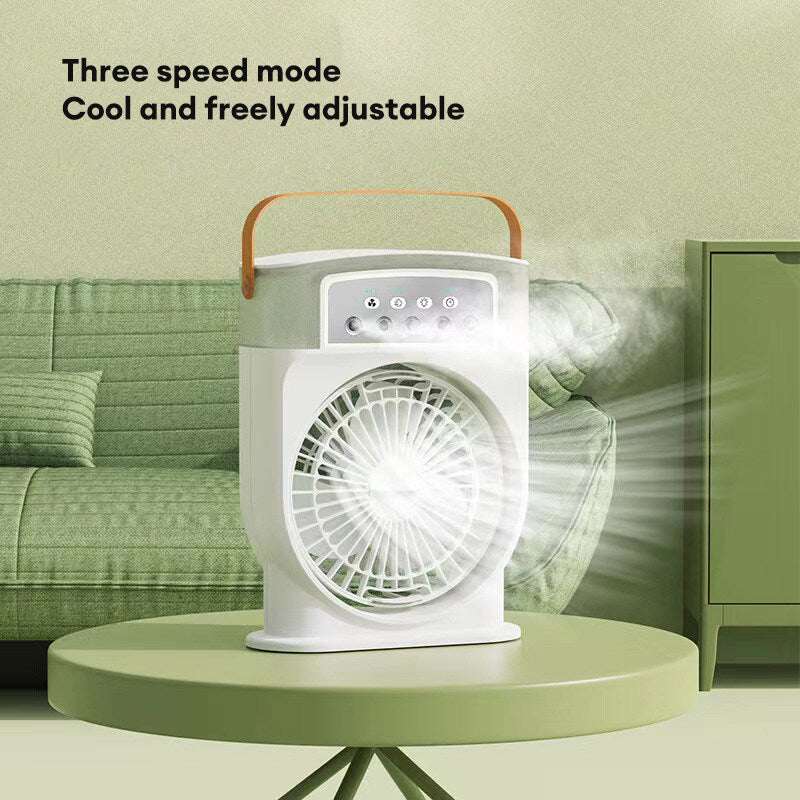 Portable USB air conditioner cooling fan with front grille, water mist and top control panel