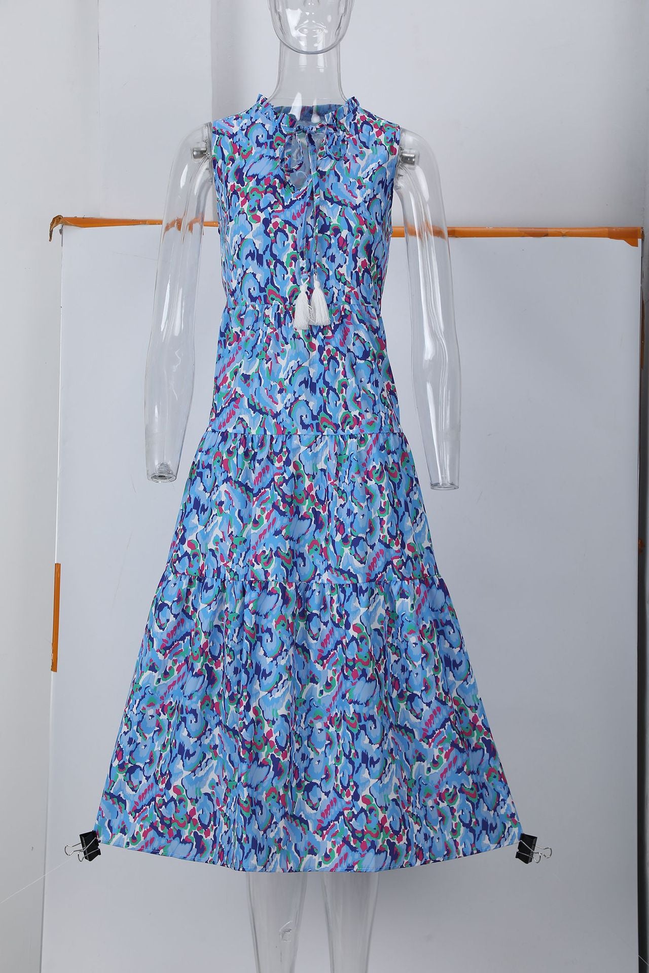 Sleeveless V-neck tassel abstract-print dress, blue and magenta tiered midi skirt