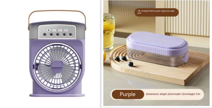 Portable air cooler fan, purple body with front grille and top control panel