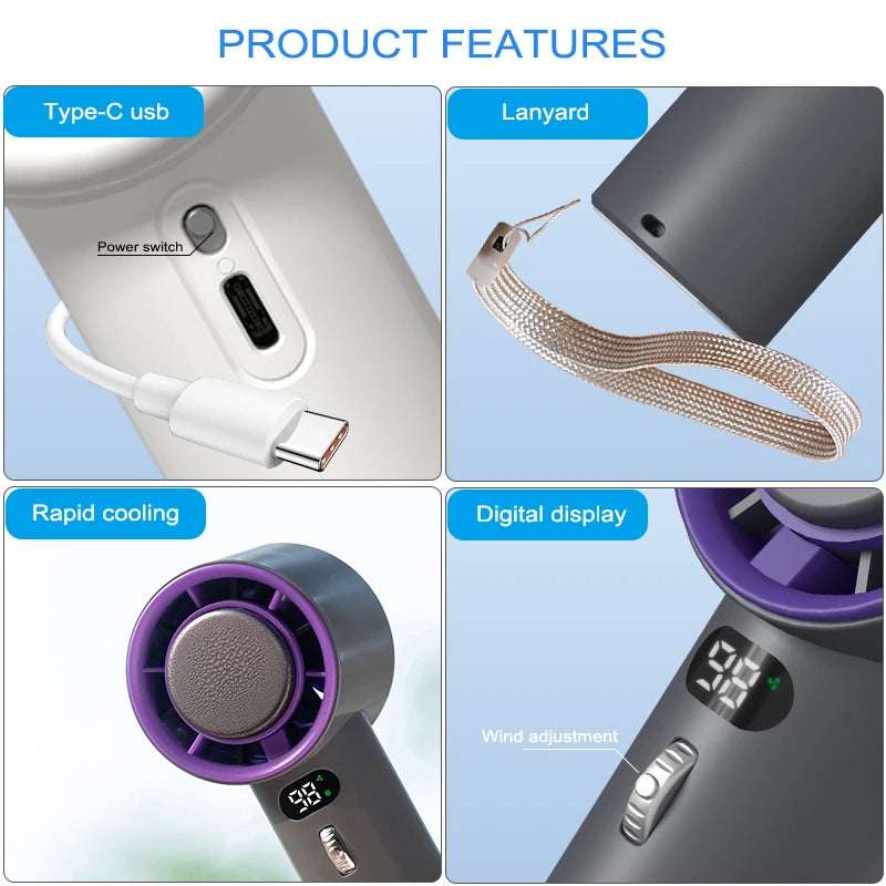 Portable turbo cooling fan features: Type-C port, lanyard loop, and digital display