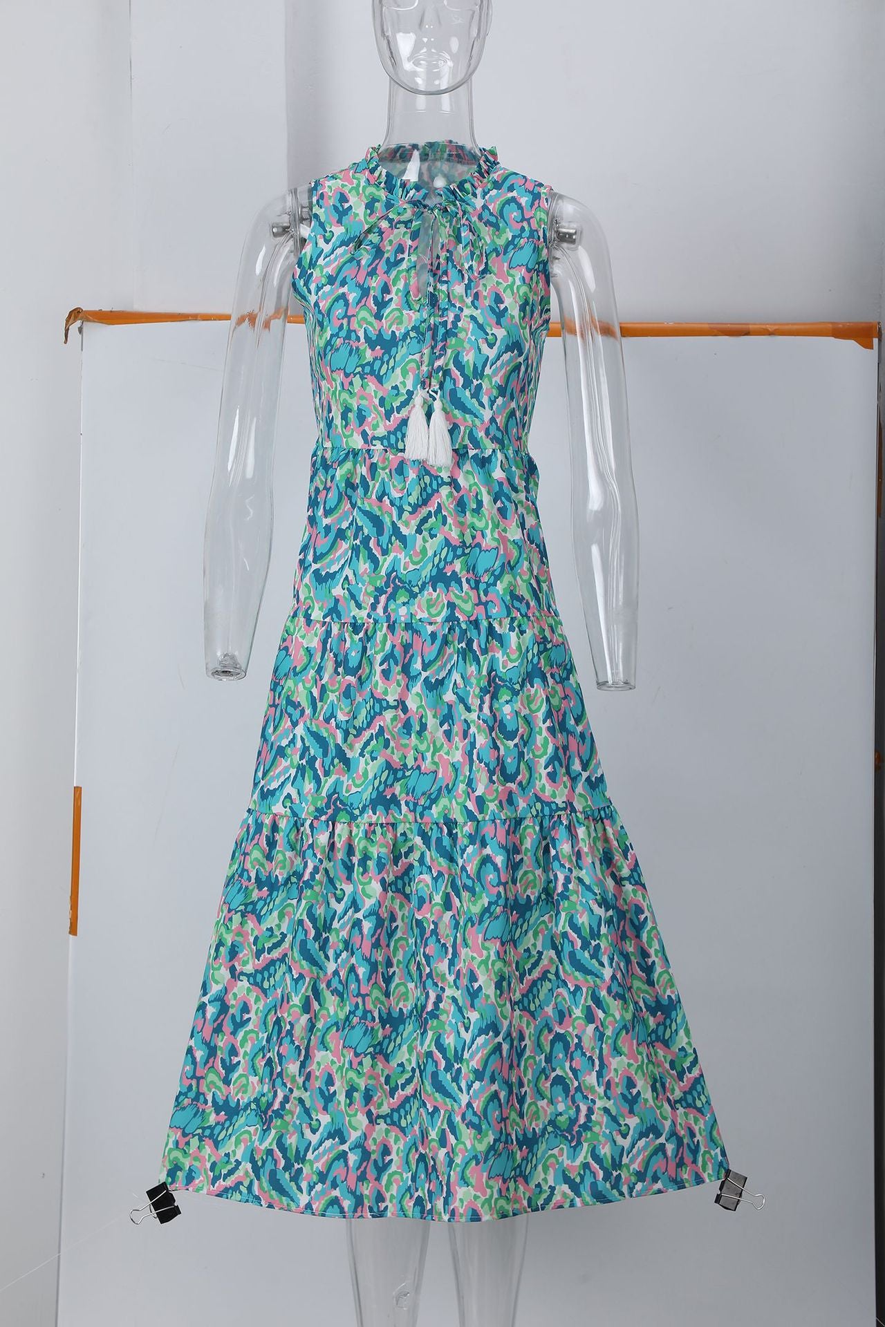 Sleeveless V-neck abstract-print dress in turquoise and purple with full skirt