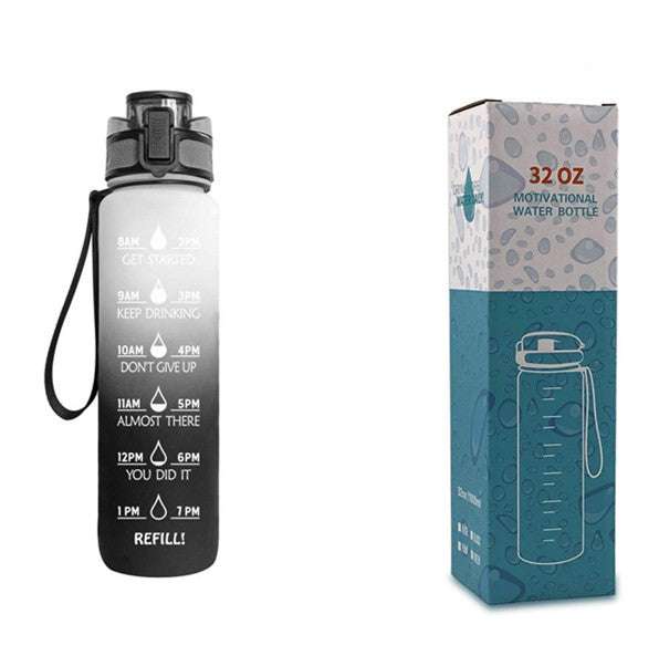 1L motivational water bottle with time marker, black bottle with matching retail box