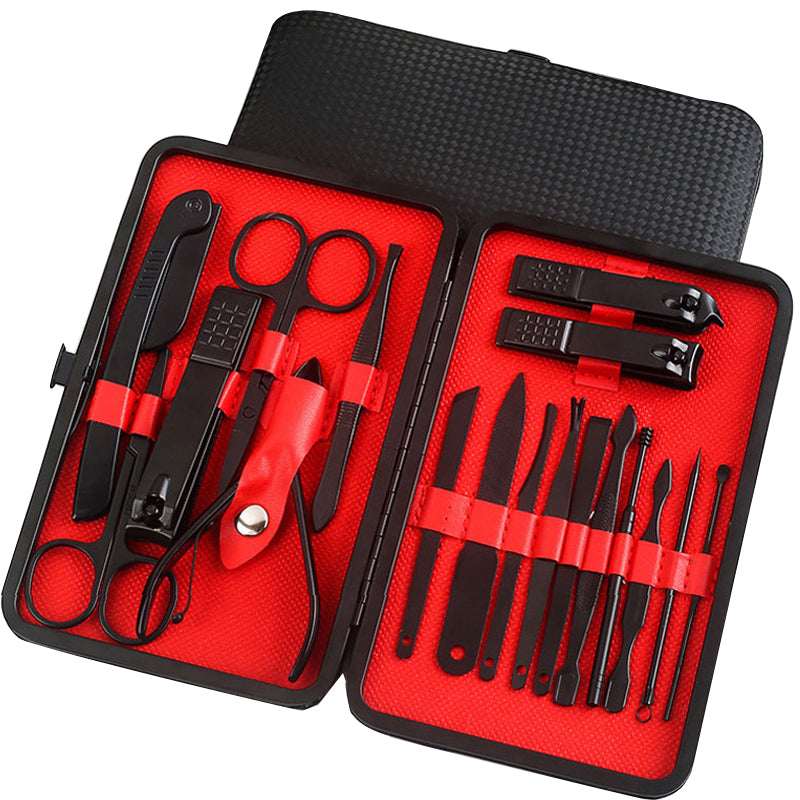 Red and black nail grooming tool set case with scissors, clippers, tweezers, and files