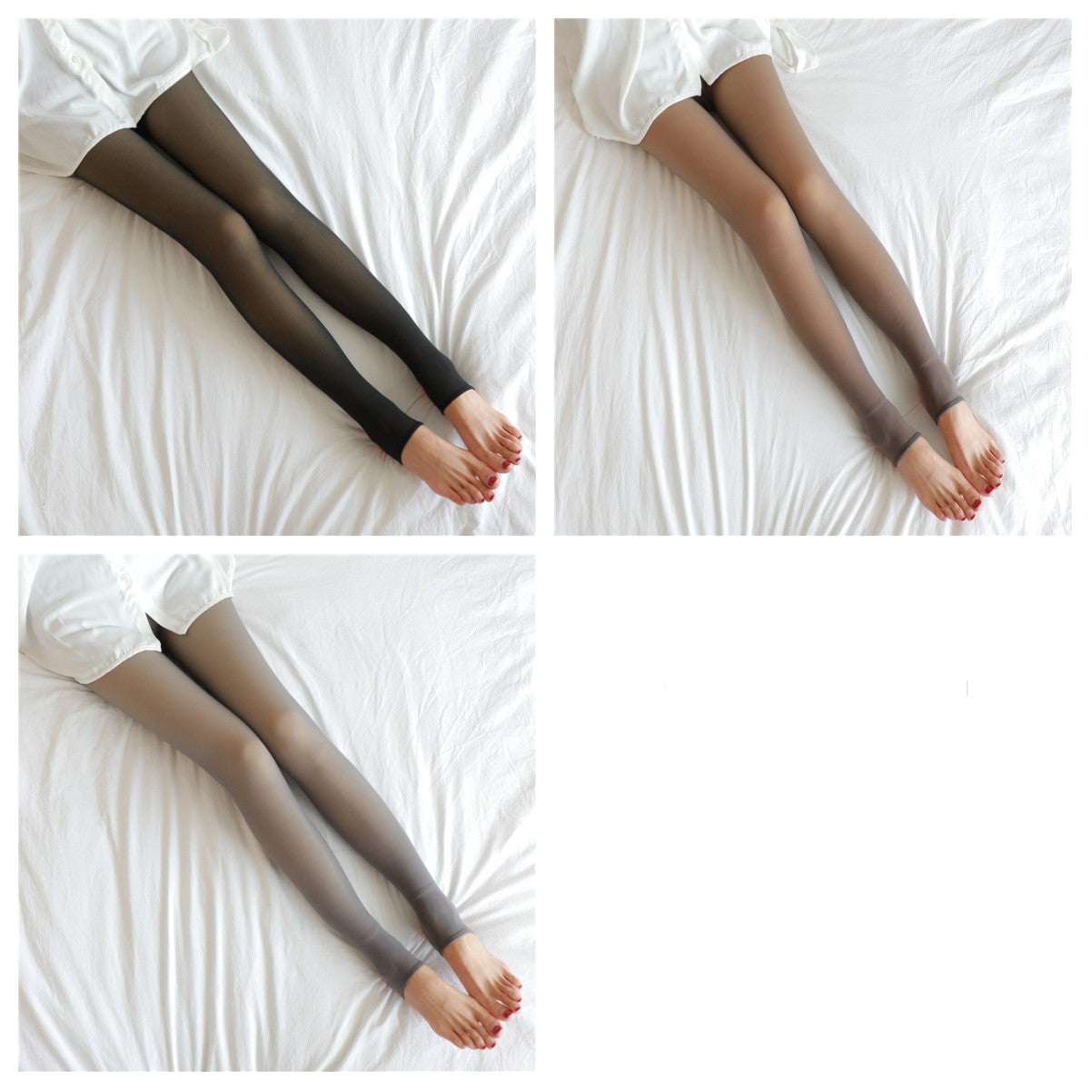 Fleece-lined thermal tights, three shades of dark sheer tights on legs
