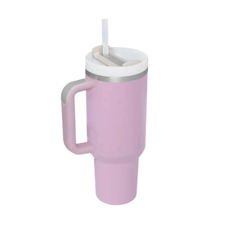 40oz insulated travel tumbler with straw and handle, lavender body with gray rim
