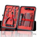 Red nail grooming tool set case with clippers, scissors, tweezers, and nail files