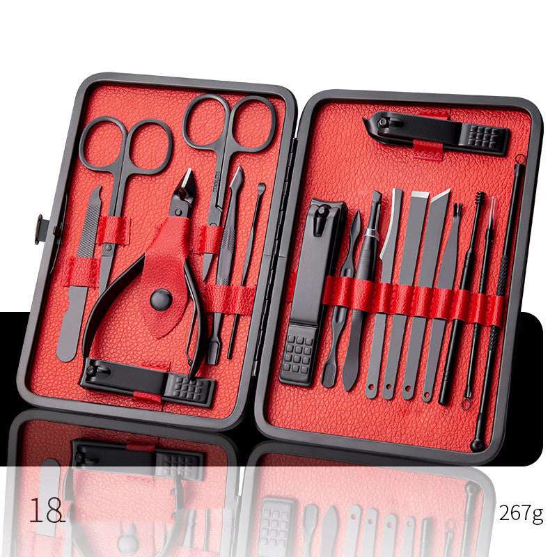 Red nail grooming tool set case with clippers, scissors, tweezers, and nail files