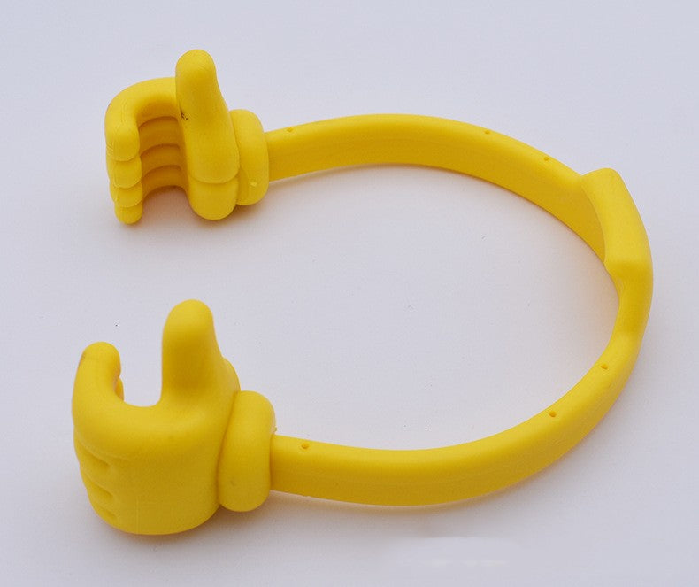 Yellow thumb phone and tablet stand with two finger-grip supports along the loop.