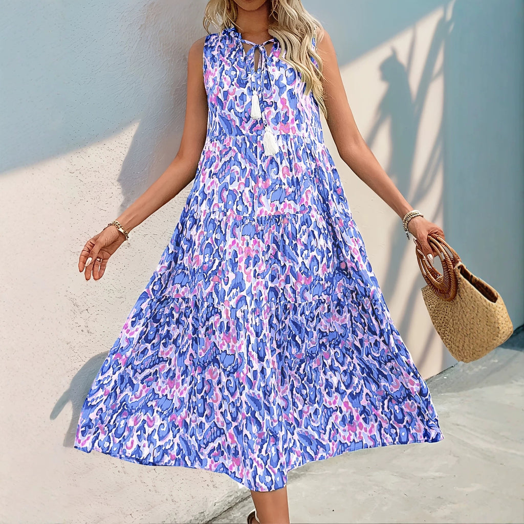 Sleeveless V-neck tassel abstract-print dress, blue and purple tiered midi skirt