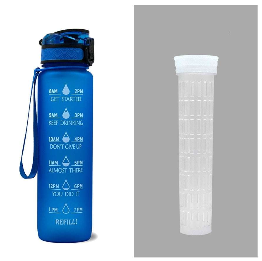 1L motivational water bottle with time marker text on blue body, carry strap