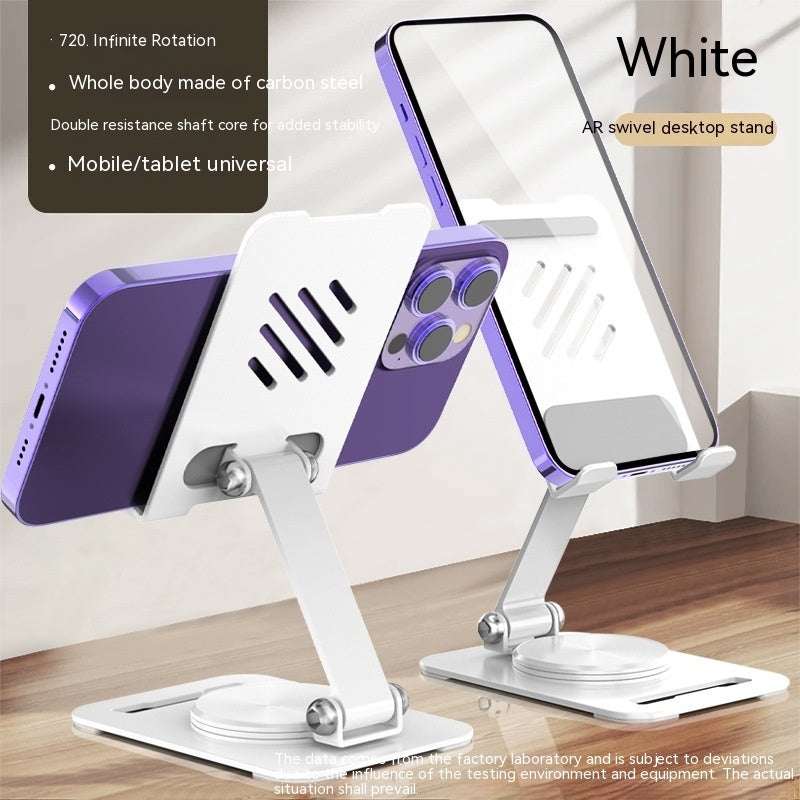 White metal desktop phone and tablet stand with adjustable swivel base