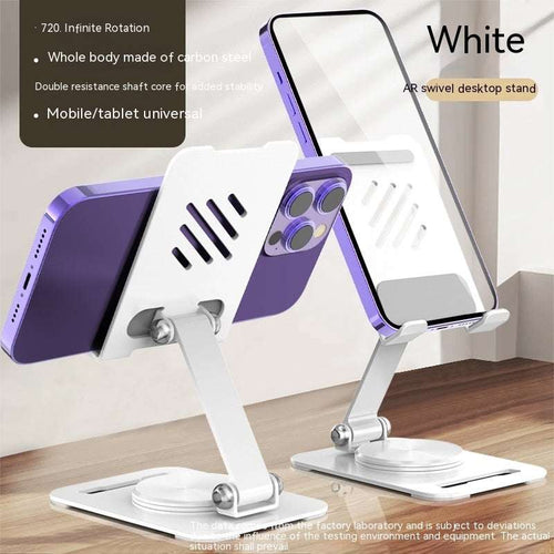 White metal desktop phone and tablet stand with adjustable swivel base