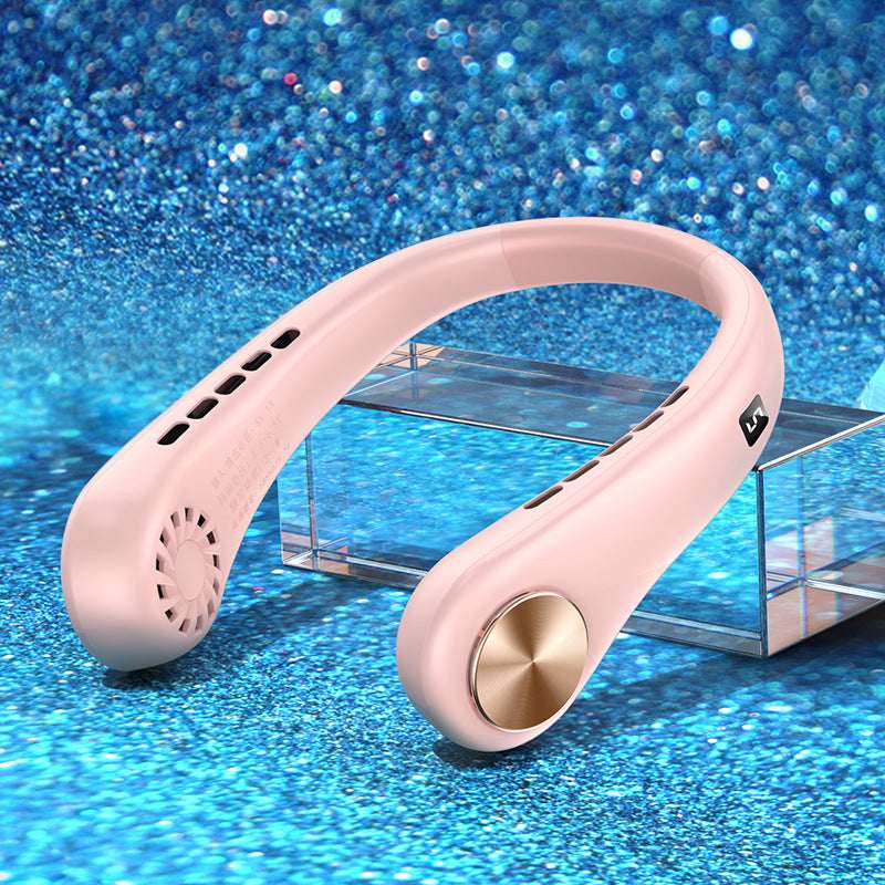 Pink bladeless portable neck fan with arched ring and vent openings