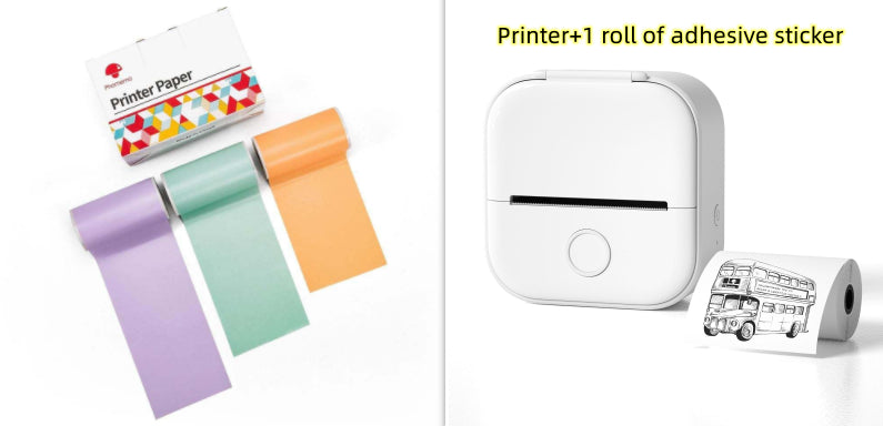 White mini thermal label printer with purple, green, and orange roll paper