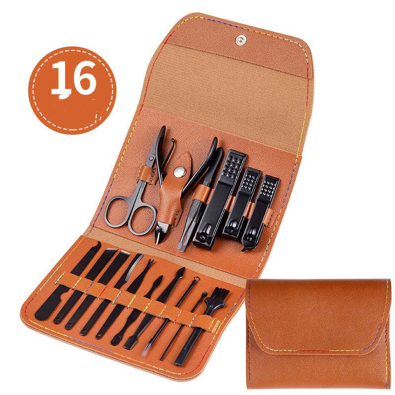 Nail care tool set in brown leather-style case with black clippers, scissors, and files