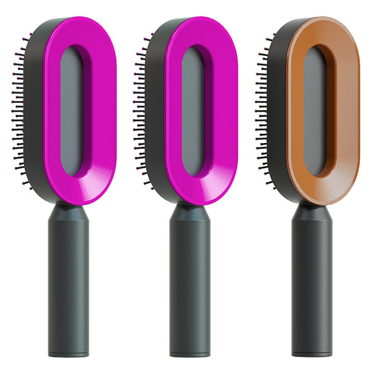 Self-cleaning hair brush with purple oval comb head and black handle