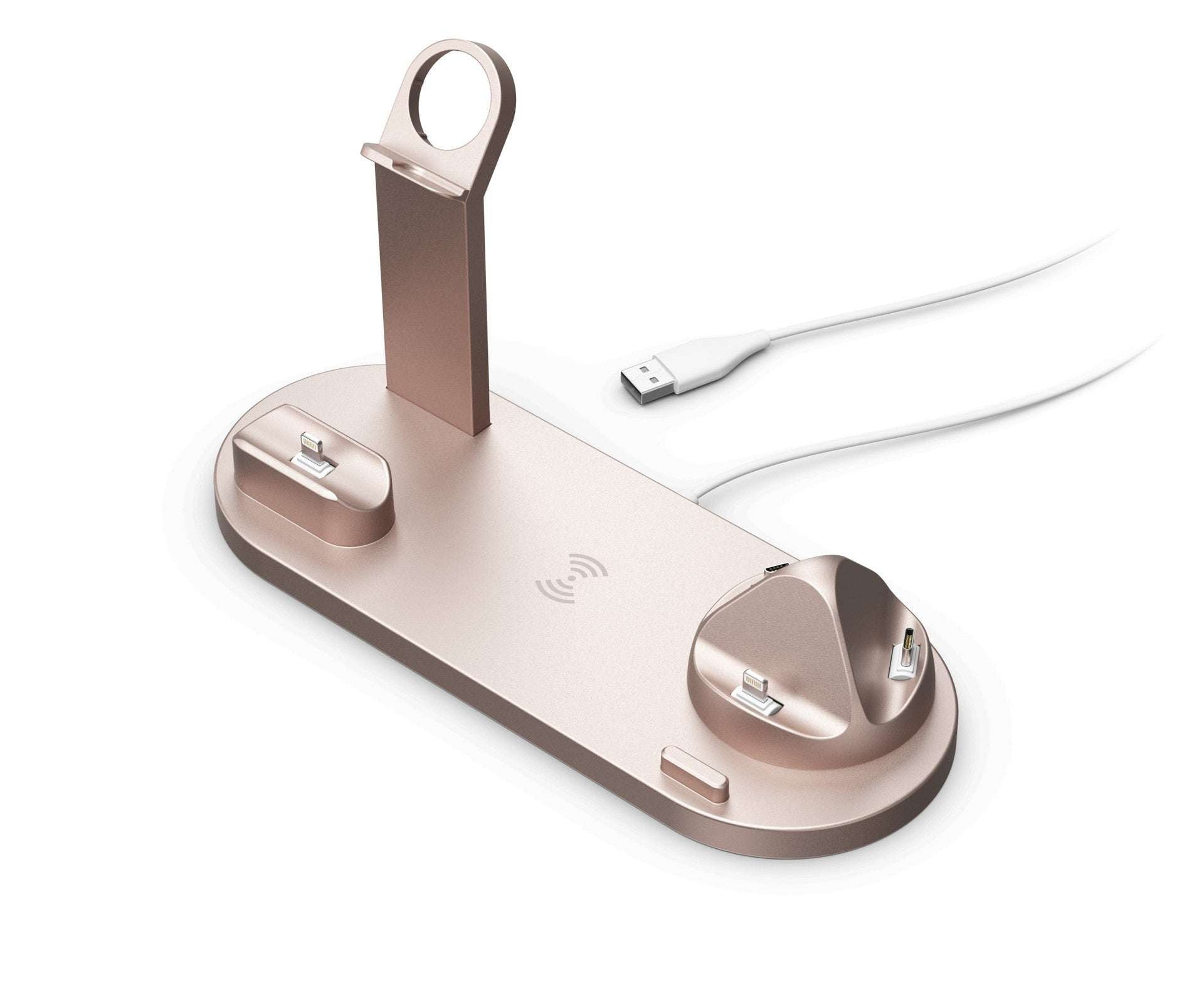 Rose gold wireless charging stand with headset and watch holders