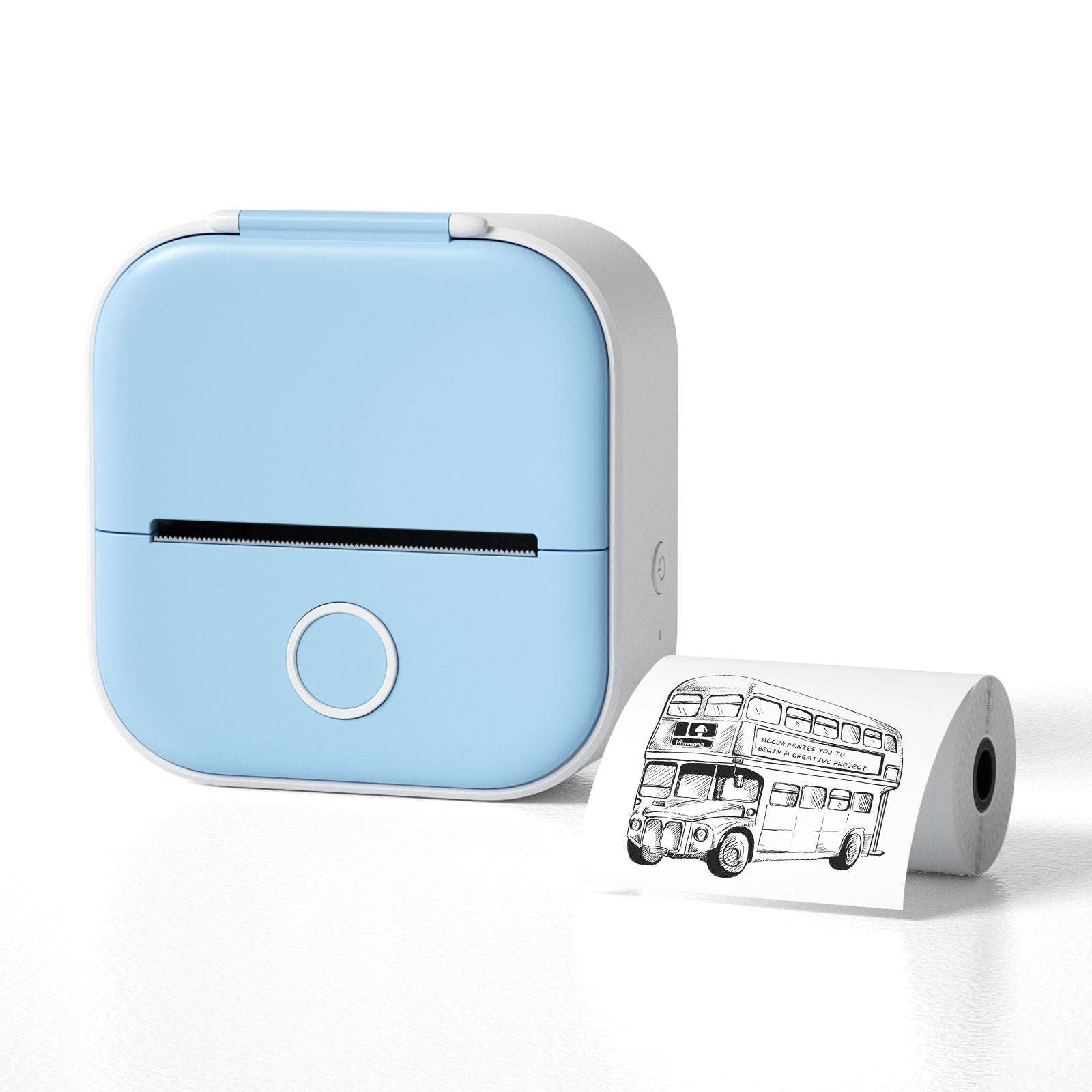Portable mini thermal label printer, light blue with label roll and printed label tape