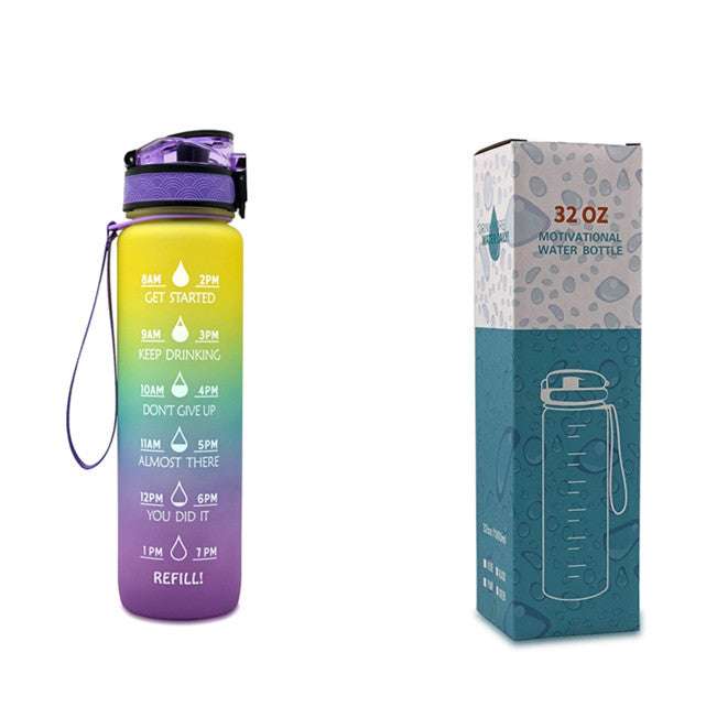 Motivational water bottle with time markers, yellow bottle and matching box