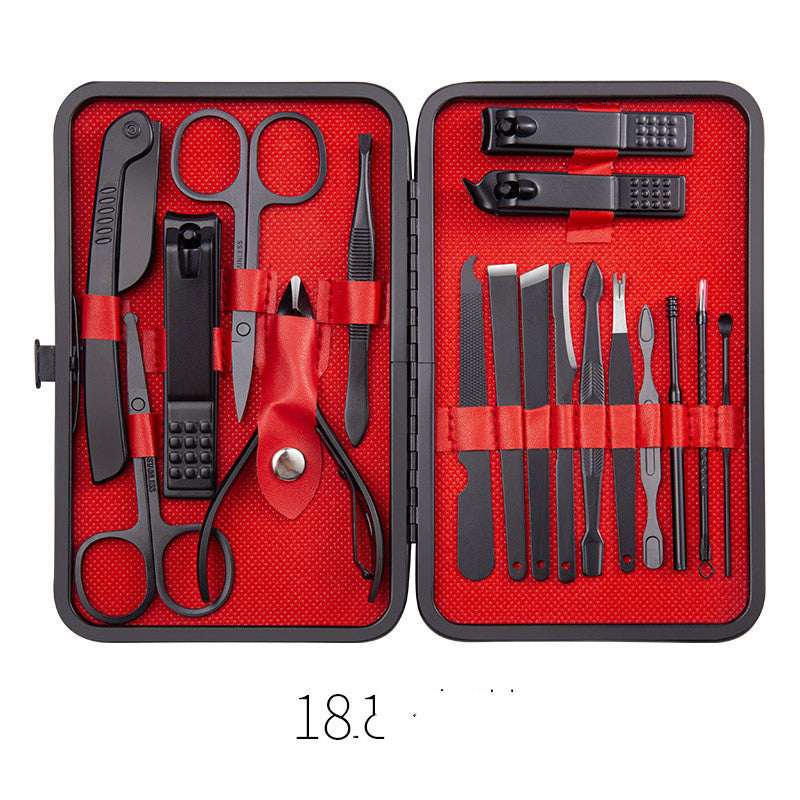 Red nail grooming tool set case with clippers, tweezers, scissors, and nail files