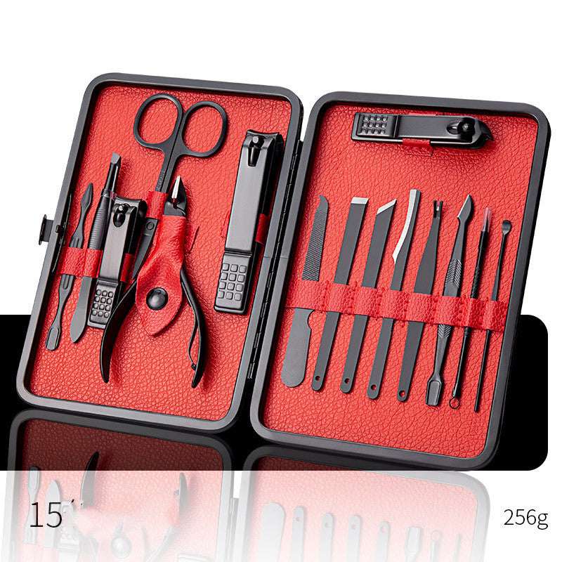 Red nail grooming tool set case with scissors, clippers, tweezers, and nail files