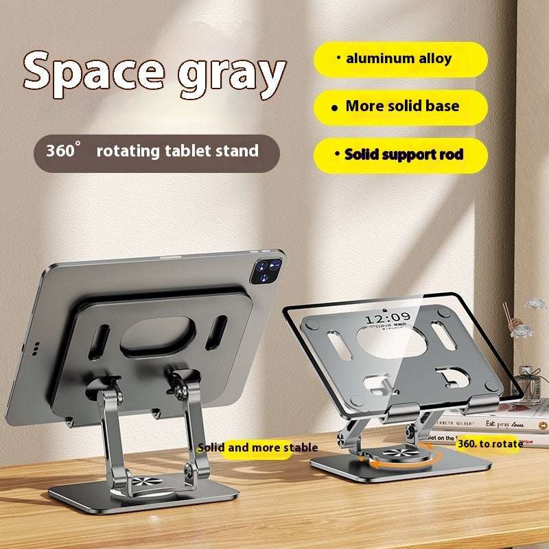 Space gray rotating tablet stand with metal base and support rod
