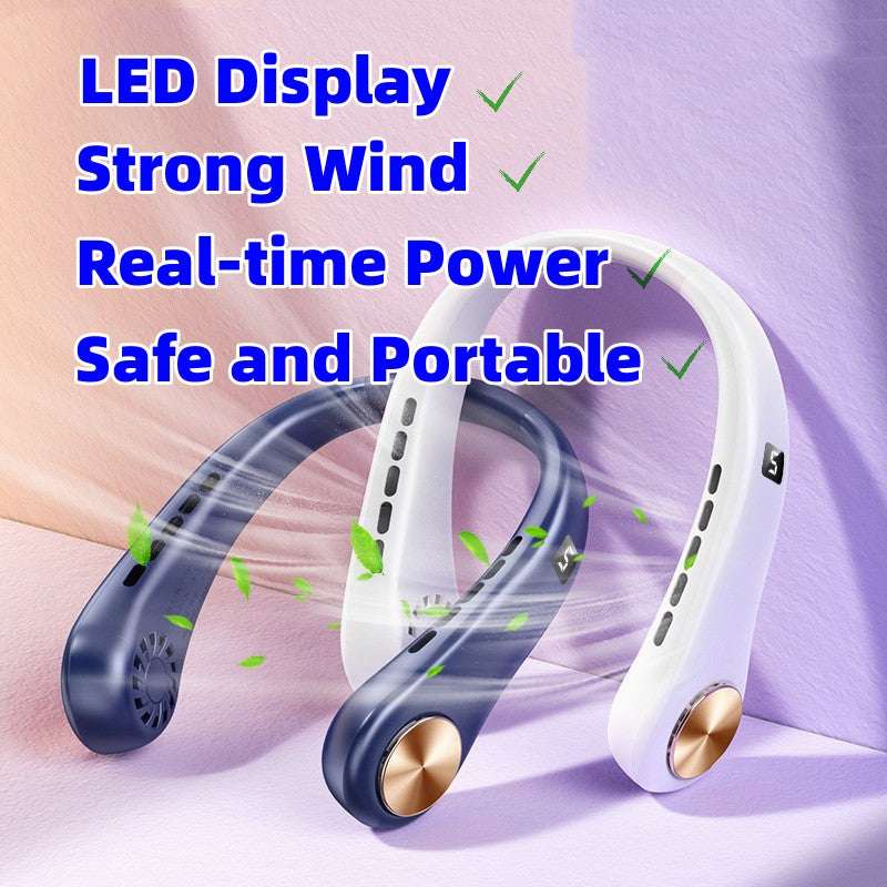 Bladeless portable neck fan with white frame and dark blue ends, vent openings