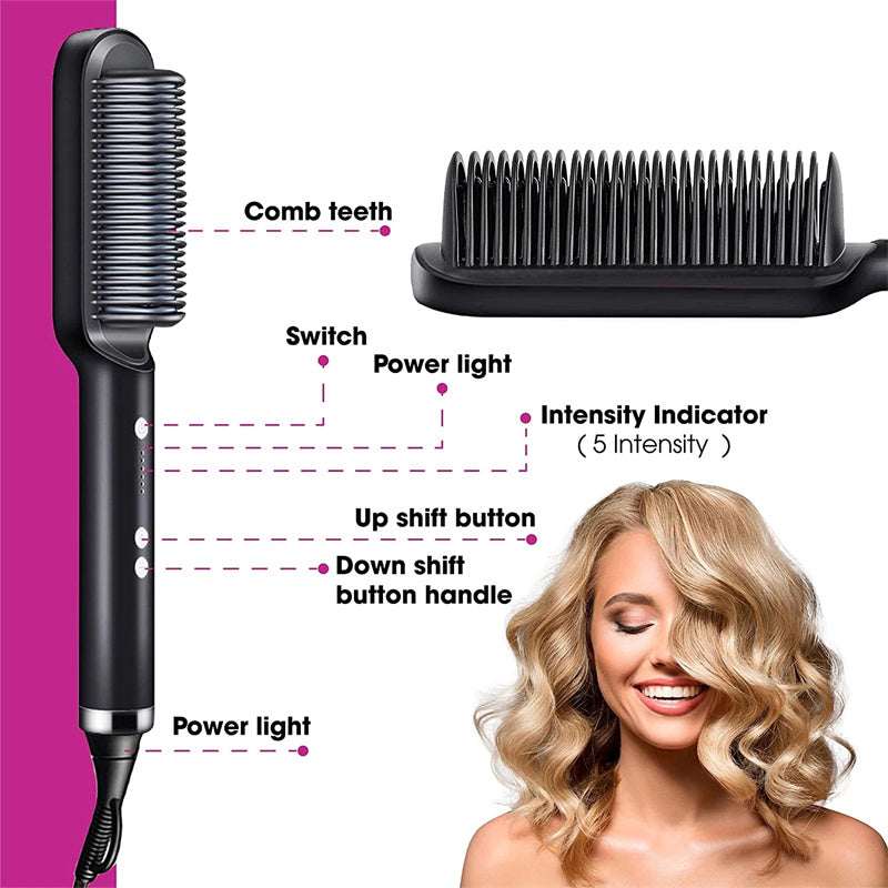 Black heated comb with power light, switch, intensity indicator, and control buttons