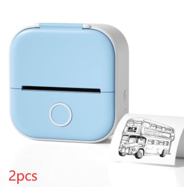 Blue mini thermal label printer with paper roll and printed label strip