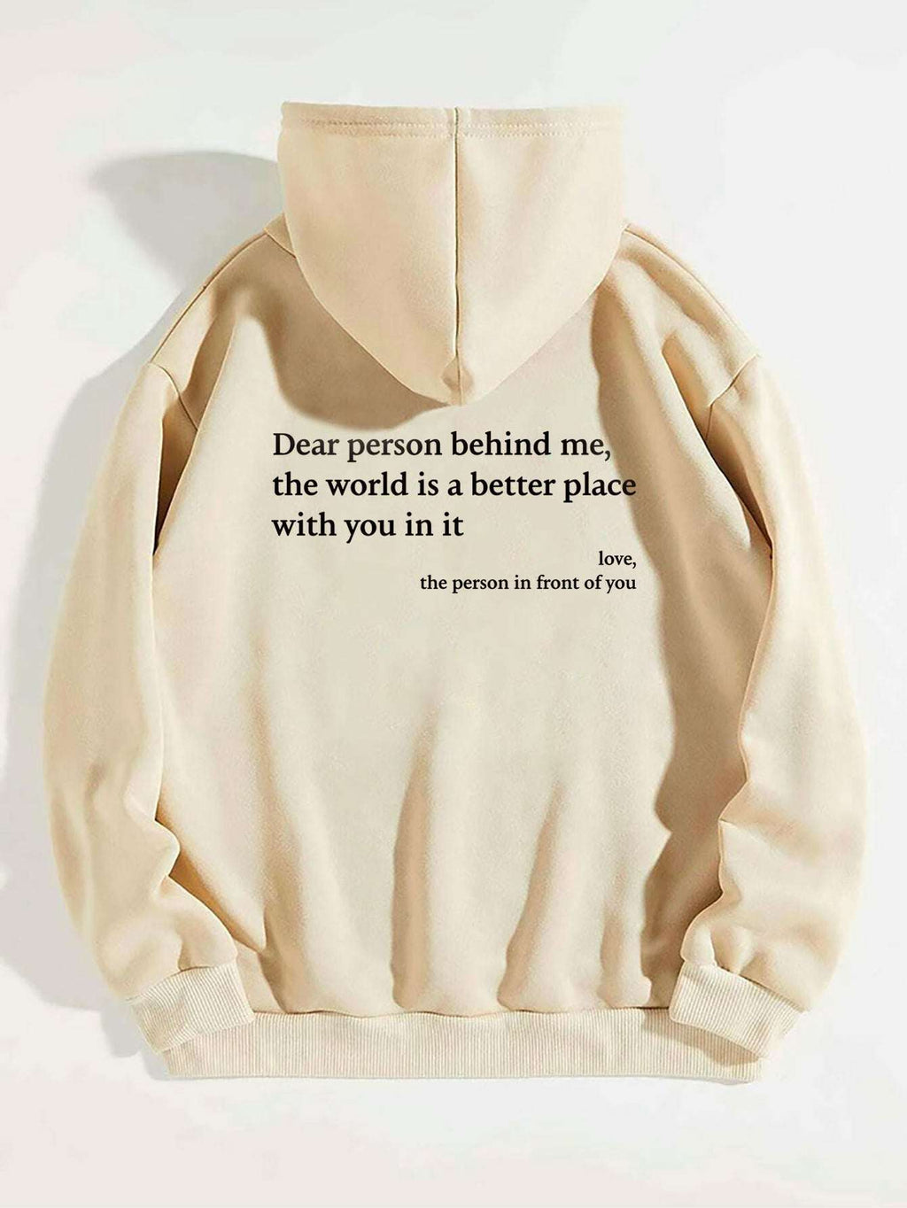 Beige plush hoodie with drawstring hood, kangaroo pocket, and letter print on front