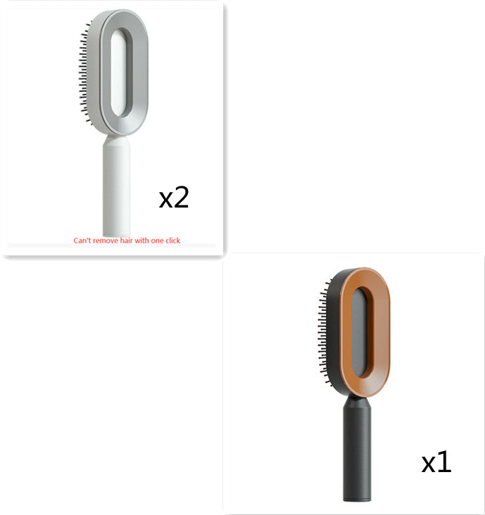Self-cleaning hair brush with light gray oval comb head and white handle