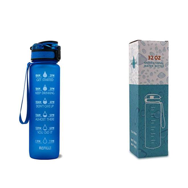1L motivational water bottle with time marker text, blue cap and side carry strap
