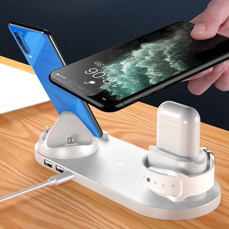 White 6-in-1 wireless charging station base with phone stand and earbud cradle