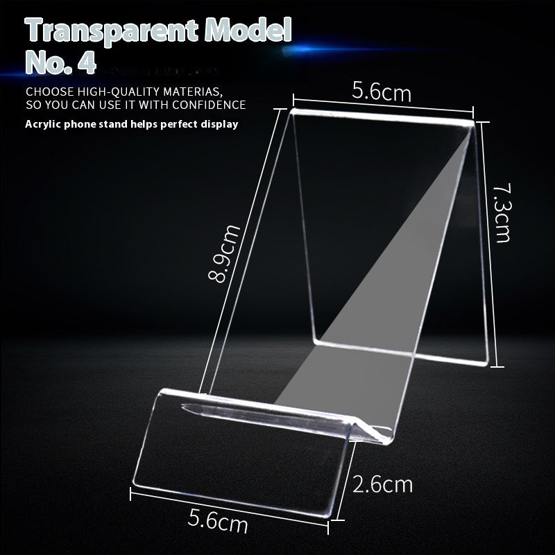 Clear acrylic phone stand with tall angled panel and wide bottom platform