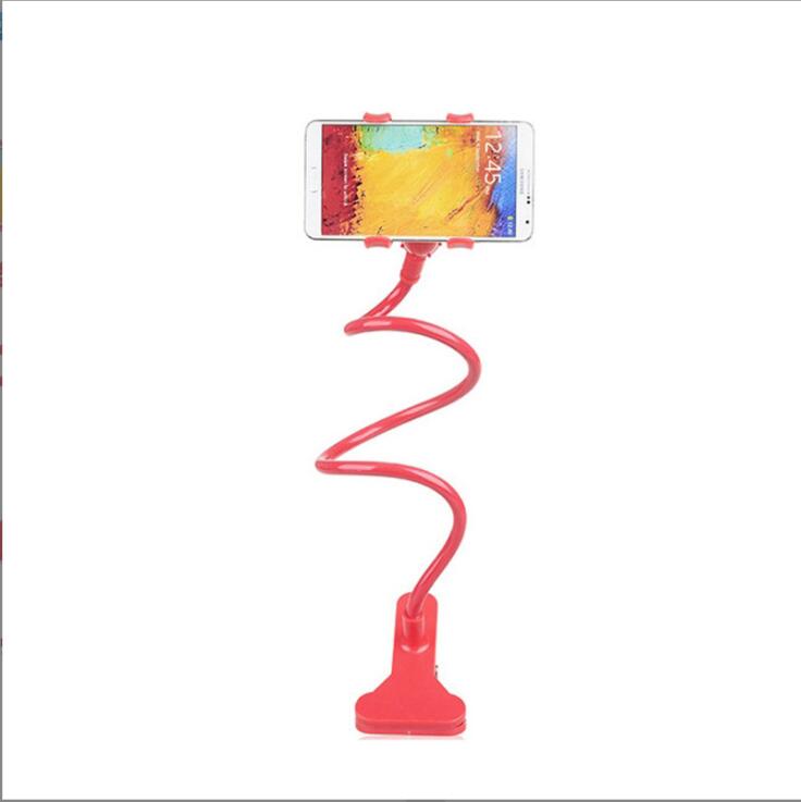 Red double-clamp phone holder holding a smartphone on spring